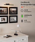 Slick Battery Operated Picture Light For Wall In Bold Black With Seamless RF Remote Control For Flawless Art Display And No Fuss Installation Straight Up Elevate Your Everyday Lighting Game Right Now, mounted above framed art.