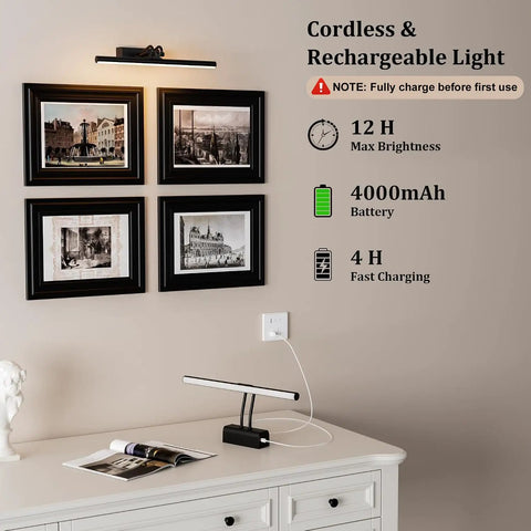 Slick Battery Operated Picture Light For Wall In Bold Black With Seamless RF Remote Control For Flawless Art Display And No Fuss Installation Straight Up Elevate Your Everyday Lighting Game Right Now, mounted above framed art.