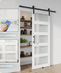 White Glass Barn Door Slab 28 By 84 Inches With Frosted Glass, PVC Surface, Included 5 Ft Hardware Kit, installed view