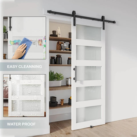 White Glass Barn Door Slab 28 By 84 Inches With Frosted Glass, PVC Surface, Included 5 Ft Hardware Kit, installed view
