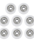 8 Pack Heavy Duty Nylon Ball Bearings 3X15X4mm Mini Roller Idler Guide Pulley With ABEC 1 Precision Rating in white color.