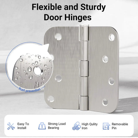 Three Pack 4 Inch Door Hinges Built Tough, Solid Iron Construction with Satin Nickel Finish and 5/8 Inch Radius Corner