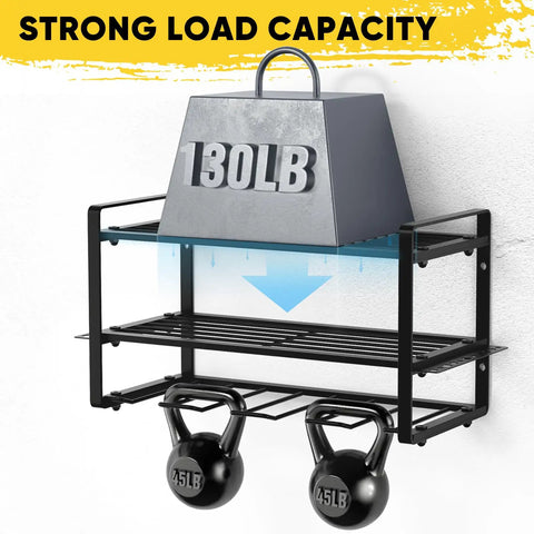 Two Pack Power Tool Organizer Wall Mount With Three Layer Storage And Eight Drill Holders, Beefy Heavy Duty Metal Rack That Holds Up To 130Lb, Perfect Garage Or Workbench Setup, Easy Snap In Assembly For Quick Access with 130 lb weight demonstration