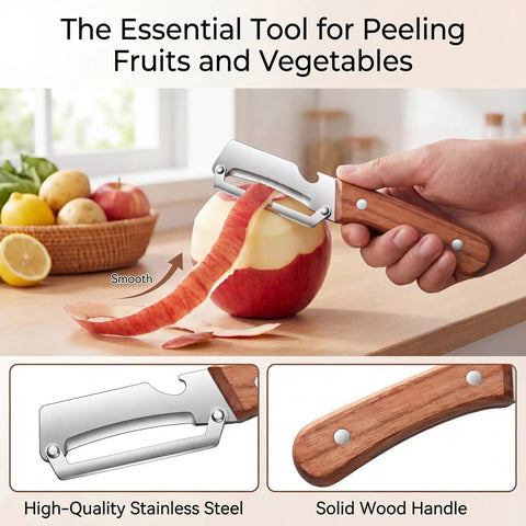 Heavy Duty 2 In 1 Kitchen Peeler With Bottle Opener peeling an apple, showcasing stainless steel blade and wooden handle details.