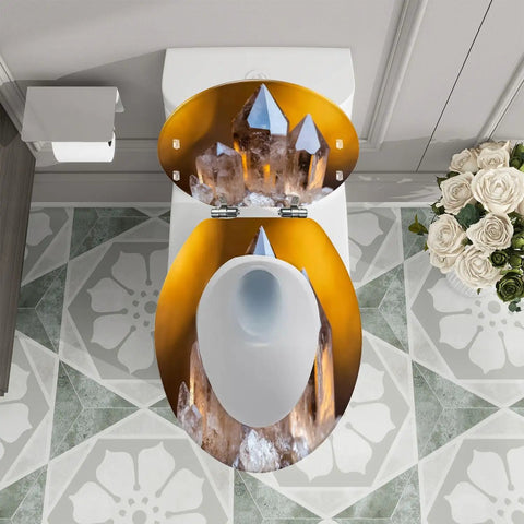 Elongated Toilet Seat Smoky Crystal Resin for Bathroom with decorative crystals on the lid, top view in a stylish bathroom.