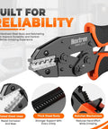Built Tough Ratcheting Crimp Tool For AWG 22 To 6 Non Insulated Butt Ring Fork Spade Terminals Featuring Slick Operation And No Sweat Wire Termination Every Single Time, showing steel jaws and ratchet mechanism.