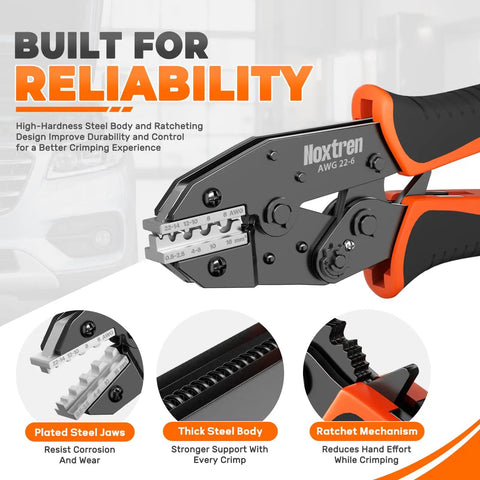 Built Tough Ratcheting Crimp Tool For AWG 22 To 6 Non Insulated Butt Ring Fork Spade Terminals Featuring Slick Operation And No Sweat Wire Termination Every Single Time, showing steel jaws and ratchet mechanism.