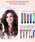 Woman holding Upgraded Round Brush Attachment For Dyson Airwrap Round Volumizing Brush next to compatible Dyson devices.