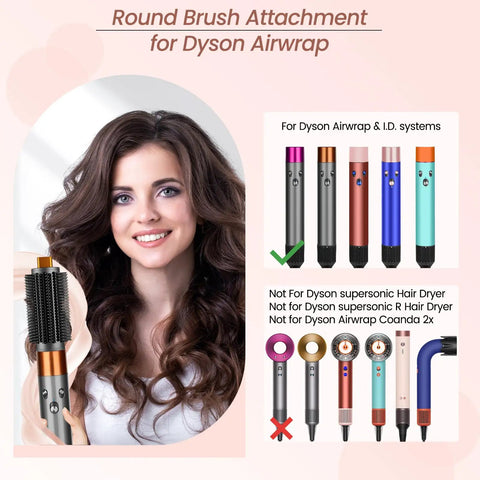 Woman holding Upgraded Round Brush Attachment For Dyson Airwrap Round Volumizing Brush next to compatible Dyson devices.