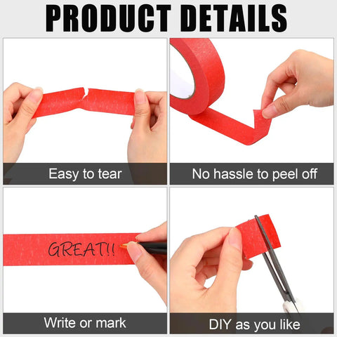 Red Painter Masking Tape Bulk Pack 20 Rolls, 1 Inch By 55 Yard General Purpose Tape shown being torn, peeled, and cut for projects