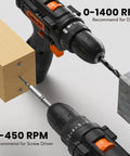 Close-up of 12V Cordless Drill Driver showing 0-1400 RPM for drilling and 0-450 RPM for screw driving on wood.