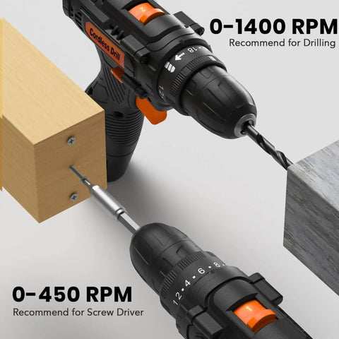 Close-up of 12V Cordless Drill Driver showing 0-1400 RPM for drilling and 0-450 RPM for screw driving on wood.