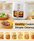 125 Pcs 8 Inch Square Air Fryer Liners Disposable Parchment Paper Nonstick Cooking Mats next to an air fryer with cooked meals.