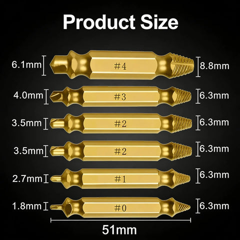 6 Piece Damaged Screw Extractor Set With HSS Drill Bits For Removing Stripped, Broken, Frozen And Rusted Screws sizes shown