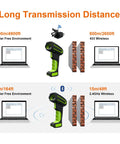 Built Tough Rugged 2D Wireless Barcode Scanner With Charging Dock Bluetooth Drop Resistant Industrial Scanner for QR And 1D Codes Long Range Transmission Up To 1968 Feet 433MHz next to laptops