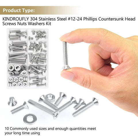 Pro Shop Tested 104 Piece 12-24 Thread Phillips Countersunk Head Machine Screw Assortment Kit Featuring Matching Hex Nuts And Flat Washers in hand.