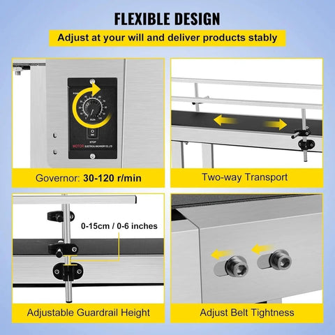 Industrial Conveyor Table 59 By 7.8 Inch Stainless Steel Belt System adjustable speed controls and guardrails