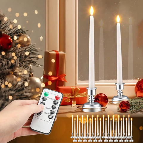 24 Pack Flameless Taper Candles With Remote And Timer, Flickering 3D Flame LED Tapers on silver bases, holiday decor scene