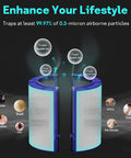 Graphic of 2-In-1 True HEPA and Carbon Filter Replacement for Dyson Purifiers 360 Degree Glass Filter showing air filtration benefits