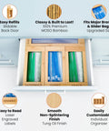 Slick Bamboo Bag Storage Organizer Ace Kitchen Drawer Dispenser Container with Quart and Snack bags visible in bamboo compartments.