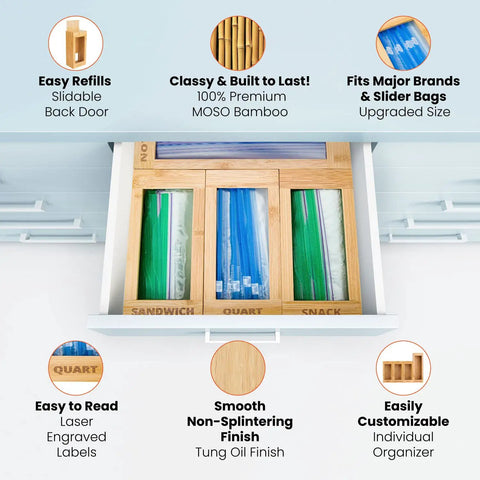 Slick Bamboo Bag Storage Organizer Ace Kitchen Drawer Dispenser Container with Quart and Snack bags visible in bamboo compartments.