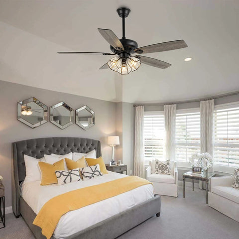 Crystal 52 Inch Ceiling Fan With Lights Remote Slick 6 Speed DC Motor Farmhouse Caged Design Black Finish 3 Light Kit