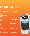 UL Certified Dual Round Run Capacitor 45/5 MFD 370V Or 440V 50/60 Hz CBB65 For AC Motors, Fans, Or Condensers