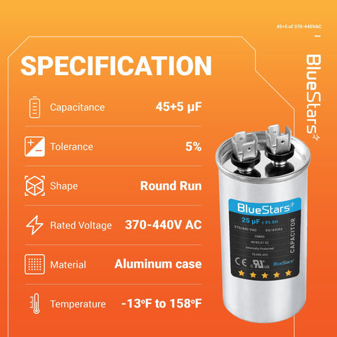UL Certified Dual Round Run Capacitor 45/5 MFD 370V Or 440V 50/60 Hz CBB65 For AC Motors, Fans, Or Condensers