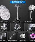 High Pressure 10 Inch Rain Shower Head With 11 Inch Adjustable Extension Arm And 5 Setting Handheld Shower Kit components