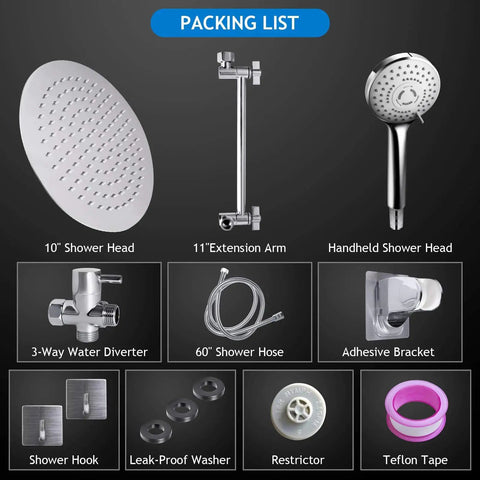 High Pressure 10 Inch Rain Shower Head With 11 Inch Adjustable Extension Arm And 5 Setting Handheld Shower Kit components