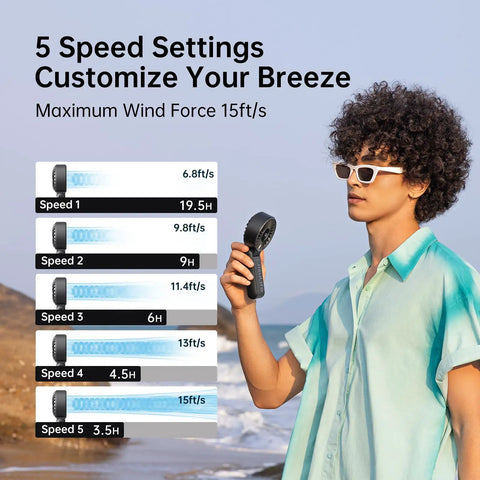 Person holding 3 In 1 Handheld Fan With 5000mAh Battery, 12 Blade Brushless Motor Power, 5 Speed Settings, at beach.