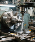CNC machine in operation, crafting metal component with precision tools inside a workshop setting, highlighting industrial machining.