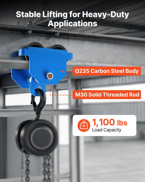 Heavy Duty Manual Trolley For I Beam With Adjustable Width 2.1 To 5.5 Inches And Dual Wheel Carriage Supports 1100 Lbs Capacity