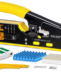 All In One Pass Through RJ45 Crimp Tool Kit With Network Cable Tester For Cat5, Cat5e, Cat6, Cat6A, Cat7 Ethernet Cables Includes 50 Pack Pass Through RJ45 Connectors And 50 Pack Boots Ideal For Pro DIY Cabling shown with crimper, tester, connectors, and boots.