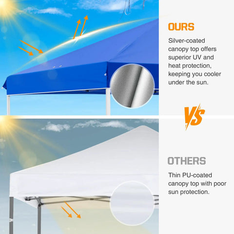 Comparison of blue Pop Up Canopy Tent With Wheeled Carry Bag For Easy One Person Setup 10x10 Foot Shade Canopy vs white canopy