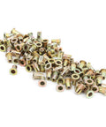 Professional Grade Durable Zinc Coated Rivet Nut Kit With 100 Count M4 Threaded Inserts displaying a pile of brass inserts.