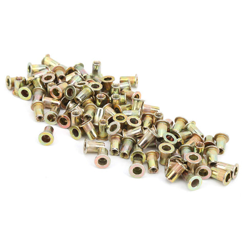 Professional Grade Durable Zinc Coated Rivet Nut Kit With 100 Count M4 Threaded Inserts displaying a pile of brass inserts.