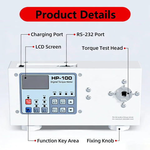 Bottle Cap Torque Tester Portable On-The-Go Digital Torsion Meter For Pro-Grade Precision Screwdriver Wrench Torque Testing With 50 Nm Max Torque 10-160 mm Clamp Dual Peak And Track Modes Three Measurement Units HP10, front view HP-100