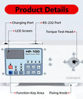 Digital Torque Meter and Bottle Cap Torque Tester for Electric and Pneumatic Screwdrivers HP50 Portable Pro Grade Precision Torque Gauge with Peak and Track Modes Three Unit Options High Precision Metal Sensor front view with LCD, RS-232 port, and fixing knob