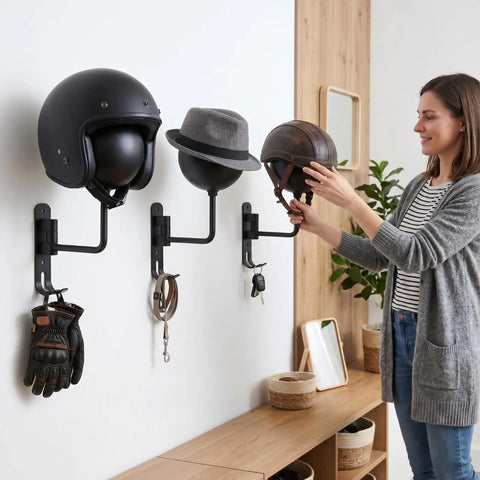 Woman using Six Pack Motorcycle Helmet Rack Wall Mount With 180 Degree Rotation And Dual Hooks in garage for helmets and gear