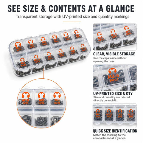 555 Piece Stainless Steel E Clips Set In 12 Sizes M1.5 To M10 With Clear Organizer Box UV Printed Size And Quantity Markings