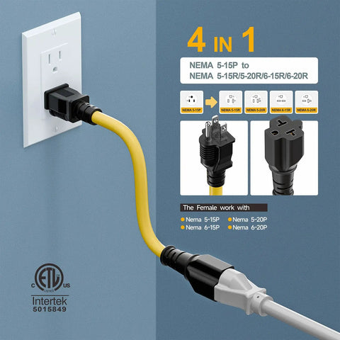 One Foot Nema 5-15P To 6-20R Electric Vehicle Charging Adapter Cable 12Awg Heavy Duty Power Extension Cord on wall outlet.