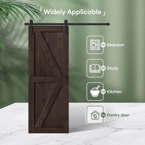 32 Inch By 84 Inch Brown Spruce Wood Barn Door With 5.5 Foot Hardware Track Kit Included in modern home setting