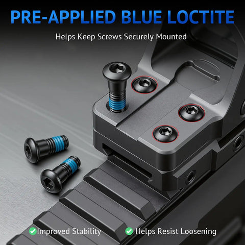 Heavy Duty Red Dot Sight Screw Kit With Multiple Size Mounting Hardware For Pistols And Optics Drop In Setup showcasing secured optic screws with pre-applied blue loctite.