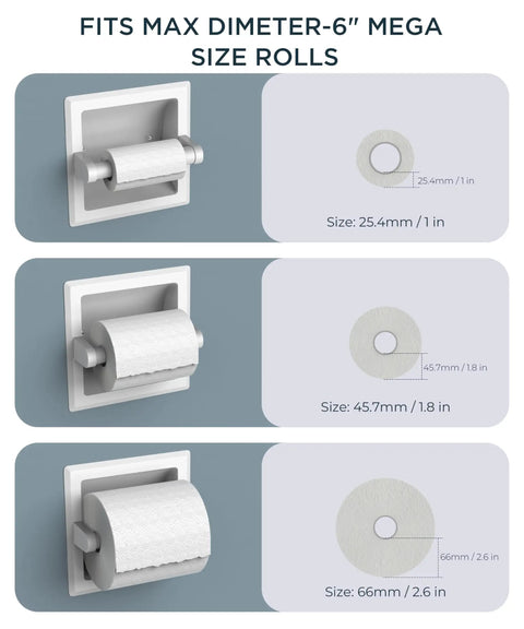 Recessed In Wall Toilet Paper Holder Built To Last Slick Stainless Steel Tissue Roll Dispenser with size chart for 6 inch rolls