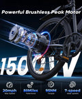 Powerful 1500W Peak Electric Bike For Adults with 26 inch tires and brushless motor, showcasing 80 mile range and app control.
