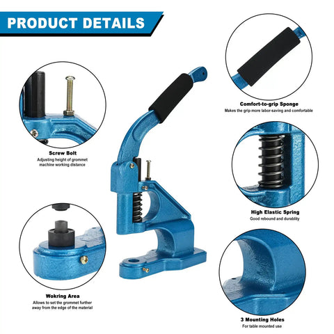 Pro Grade Heavy Duty Hand Press Grommet Machine With Three Dies One Quarter Inch Three Eighths Inch One Half Inch Eyelet Punch Tool Kit Plus 1500 Grommets, highlighting details like comfort-grip handle and elastic spring