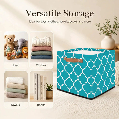 Moroccan Tile Foldable Storage Cube With Slick Reinforced Handles For Clothes And Linens Heavy Duty Waterproof Closet Organizer 13 Inch Shelf Bin in teal pattern