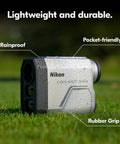 Lightweight Golf Rangefinder With 6x20 Optics, 800-Yard Range, Rainproof Construction, shown on grass with droplets.