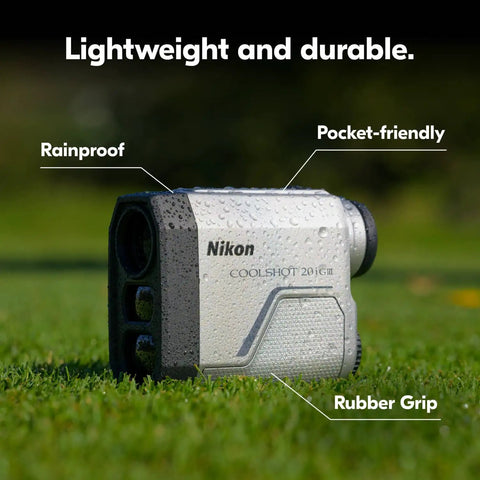 Lightweight Golf Rangefinder With 6x20 Optics, 800-Yard Range, Rainproof Construction, shown on grass with droplets.